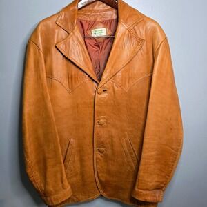 Vintage 1970s Tan Genuine‎ Leather Western Blazer Coat Made in Mexico 44 Tijuana